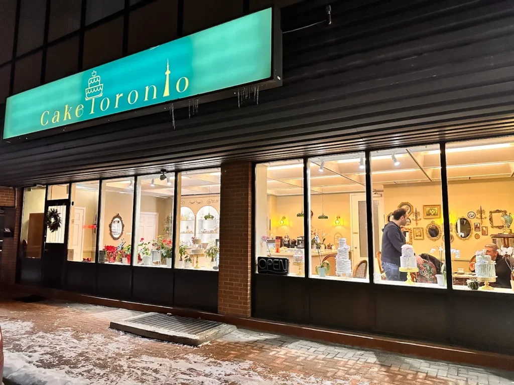 CakeToronto storefront at night on Steeles Ave W, North York